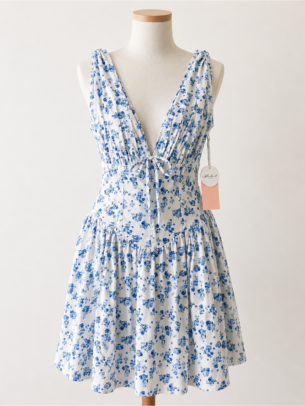 Blue Floral V-Neck Tie-Front Mini Dress